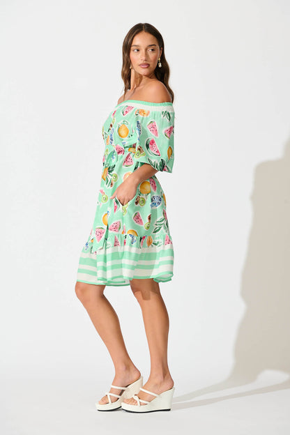 Janna Dress in Green with Multi Fruit Print