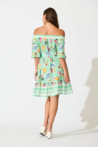 Janna Dress in Green with Multi Fruit Print