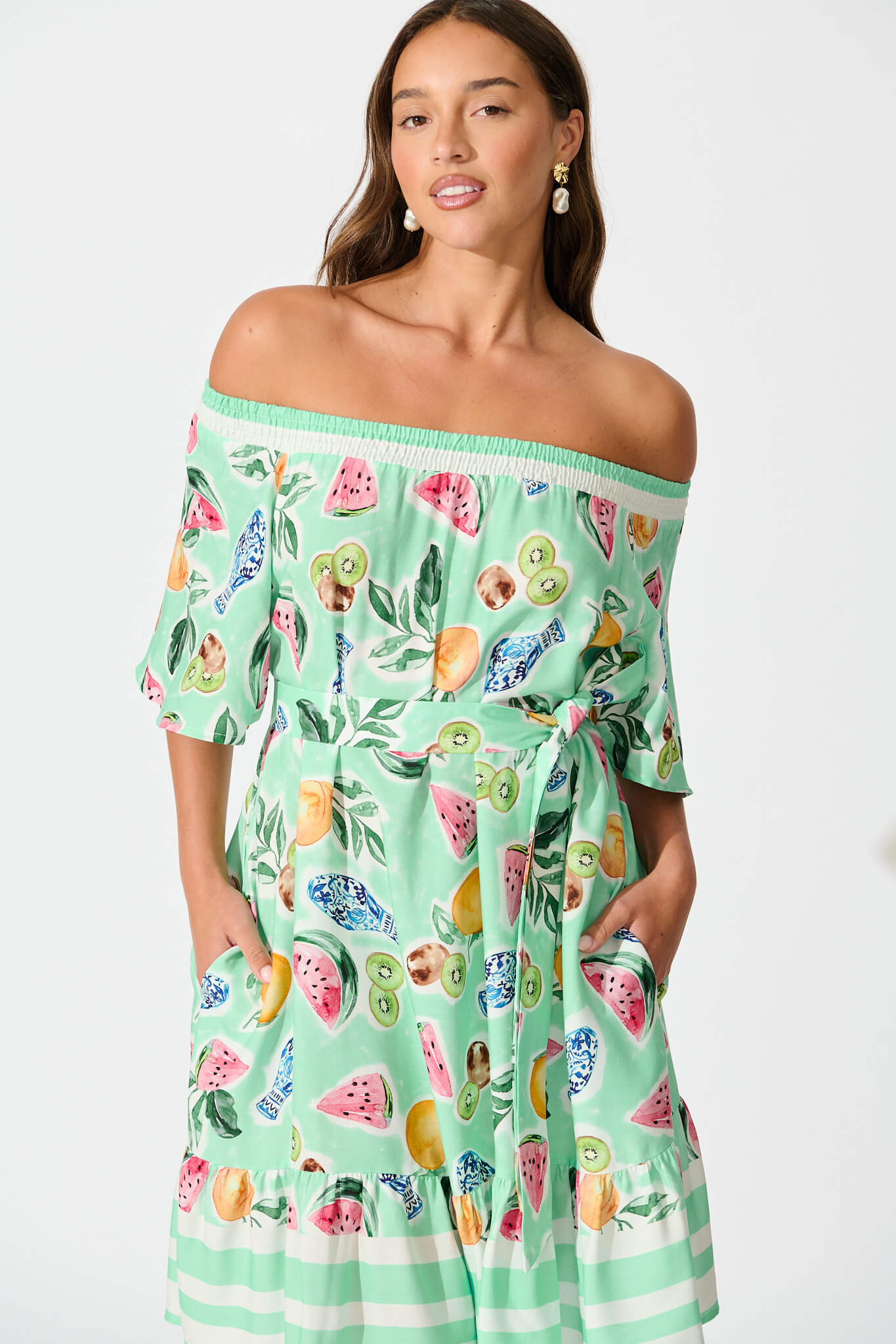 Janna Dress in Green with Multi Fruit Print