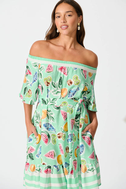 Janna Dress in Green with Multi Fruit Print