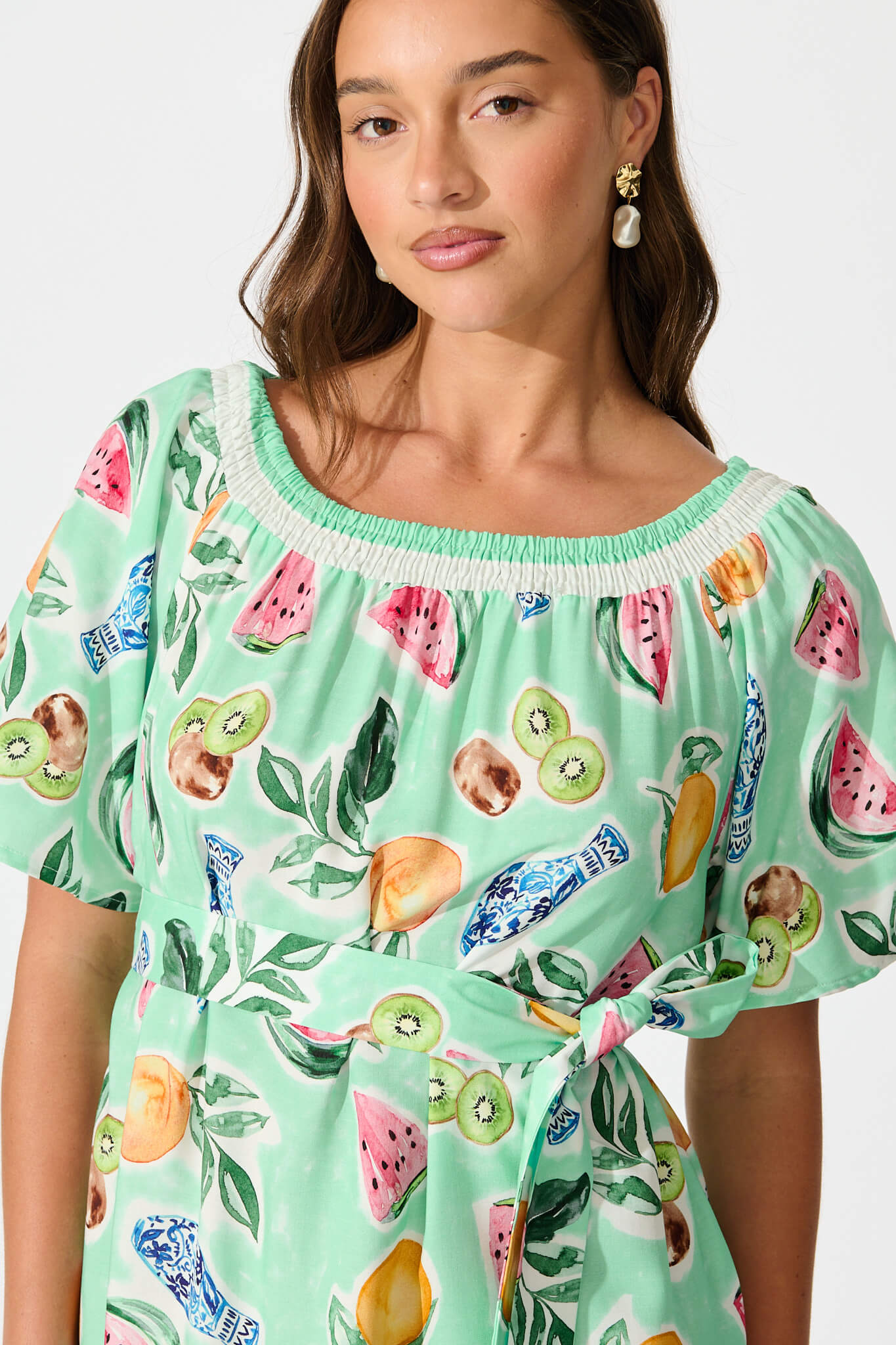 Janna Dress in Green with Multi Fruit Print