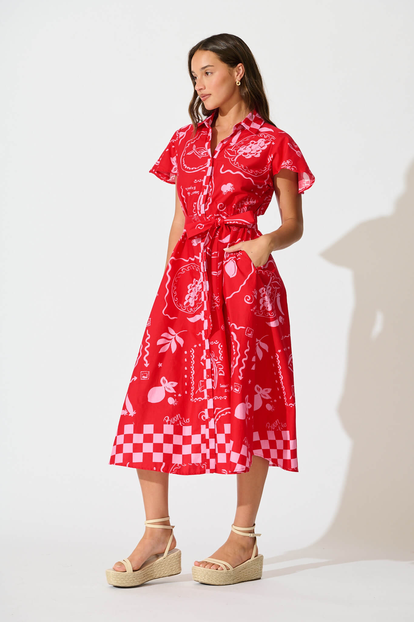 Yazmin Midi Shirt Dress in Red with Pink Border Cotton