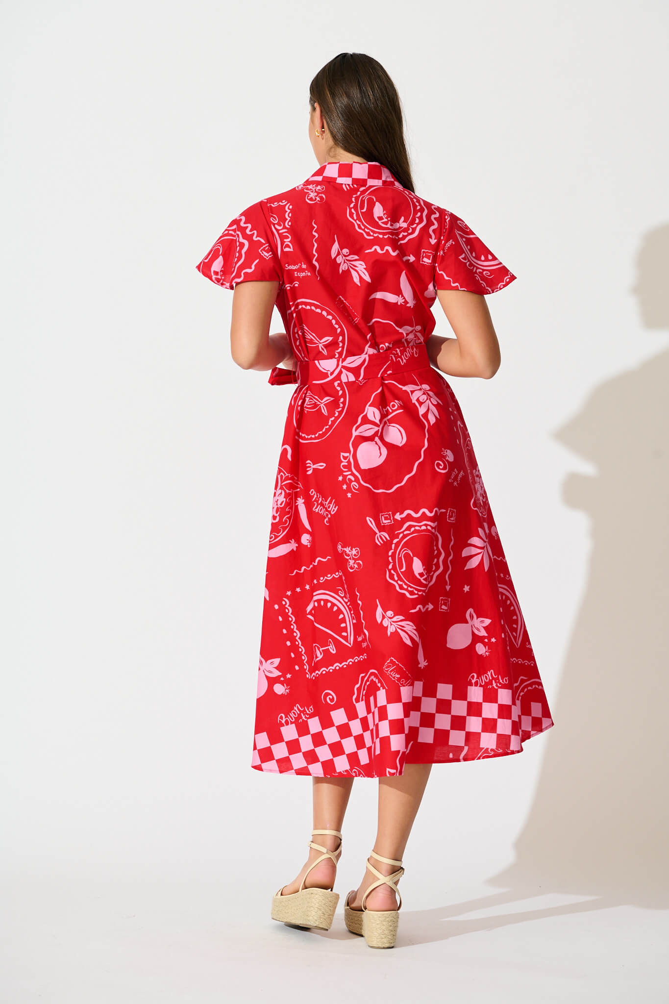 Yazmin Midi Shirt Dress in Red with Pink Border Cotton