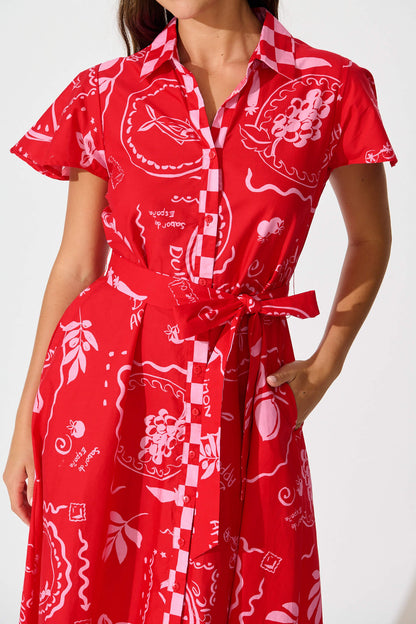Yazmin Midi Shirt Dress in Red with Pink Border Cotton