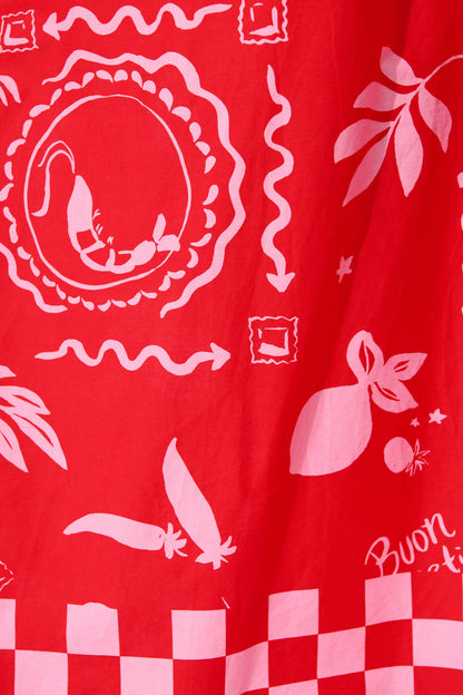 Yazmin Midi Shirt Dress in Red with Pink Border Cotton