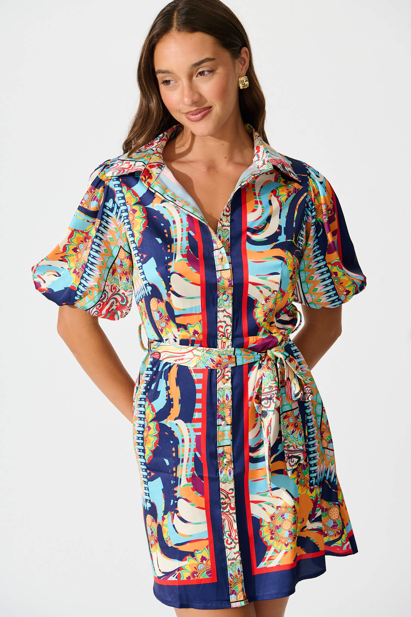 Gabrielino Shirt Dress In Navy Multi Print Satin