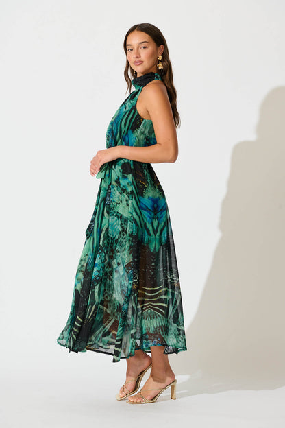 PRE ORDER Kiss Me Halter Neck Maxi Dress in Green Multi Chiffon