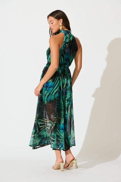 PRE ORDER Kiss Me Halter Neck Maxi Dress in Green Multi Chiffon