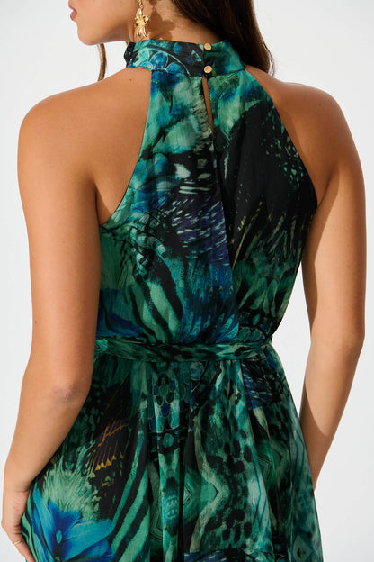 PRE ORDER Kiss Me Halter Neck Maxi Dress in Green Multi Chiffon