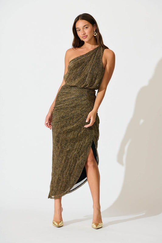 Moonlit One Shoulder Maxi Dress in Black with Gold Lurex
