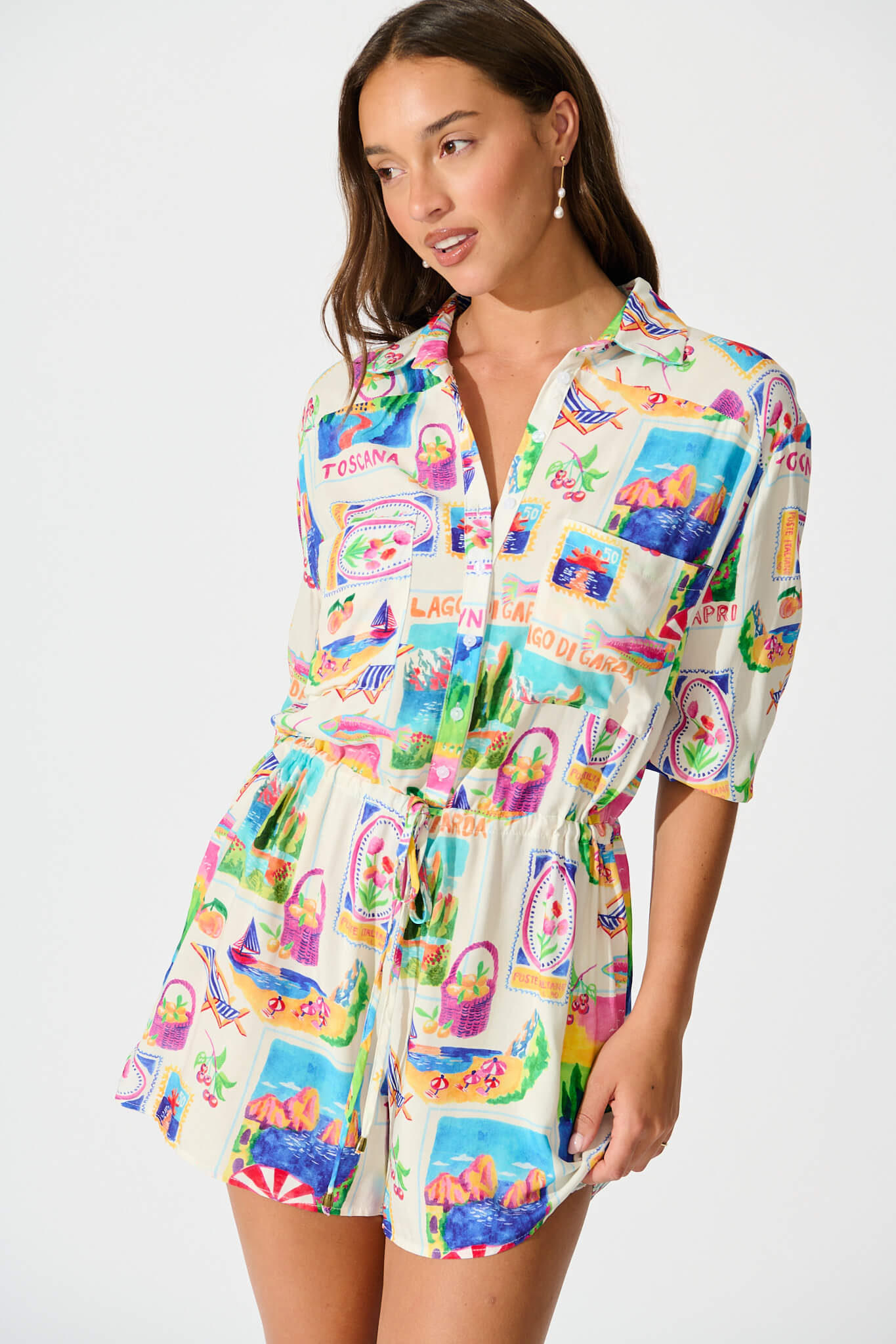 Powers Playsuit In White With Bright Resort Print