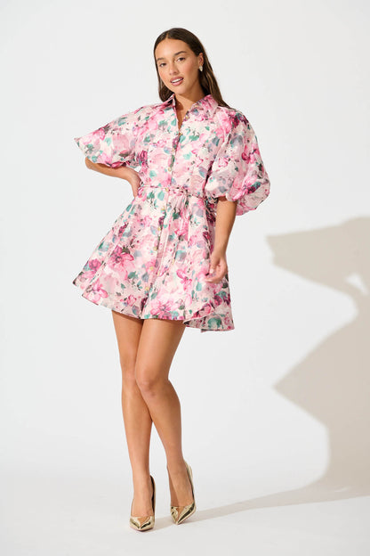 Admirer Shirt Dress in Multi Pink Floral Organza