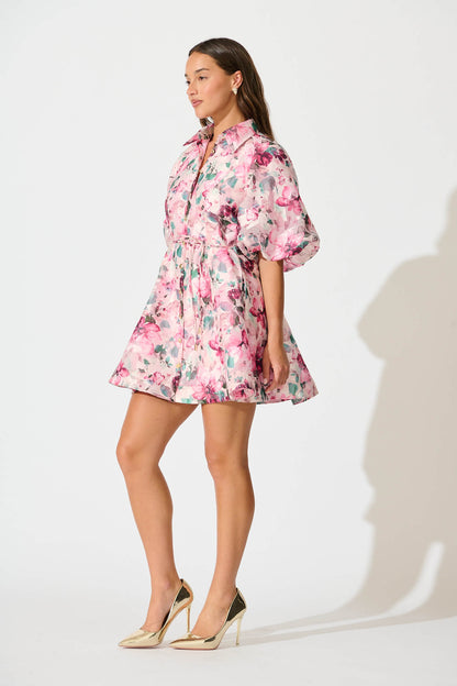 Admirer Shirt Dress in Multi Pink Floral Organza