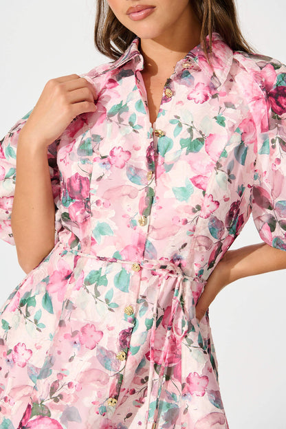 Admirer Shirt Dress in Multi Pink Floral Organza