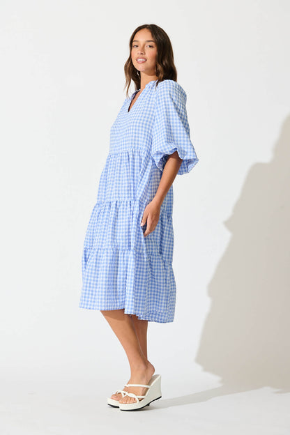 Kehlana Tiered Smock Dress In Cornflower Blue Gingham Cotton