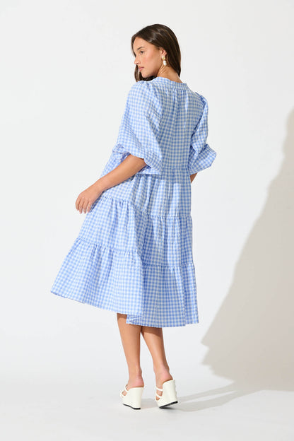 Kehlana Tiered Smock Dress In Cornflower Blue Gingham Cotton