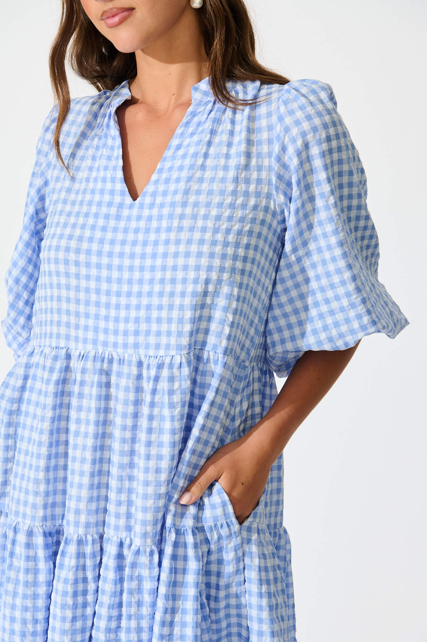 Kehlana Tiered Smock Dress In Cornflower Blue Gingham Cotton
