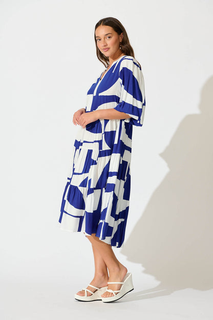 Kehlana Tiered Smock Dress In Navy Geo Print