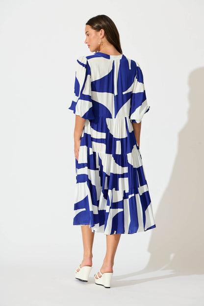 Kehlana Tiered Smock Dress In Navy Geo Print