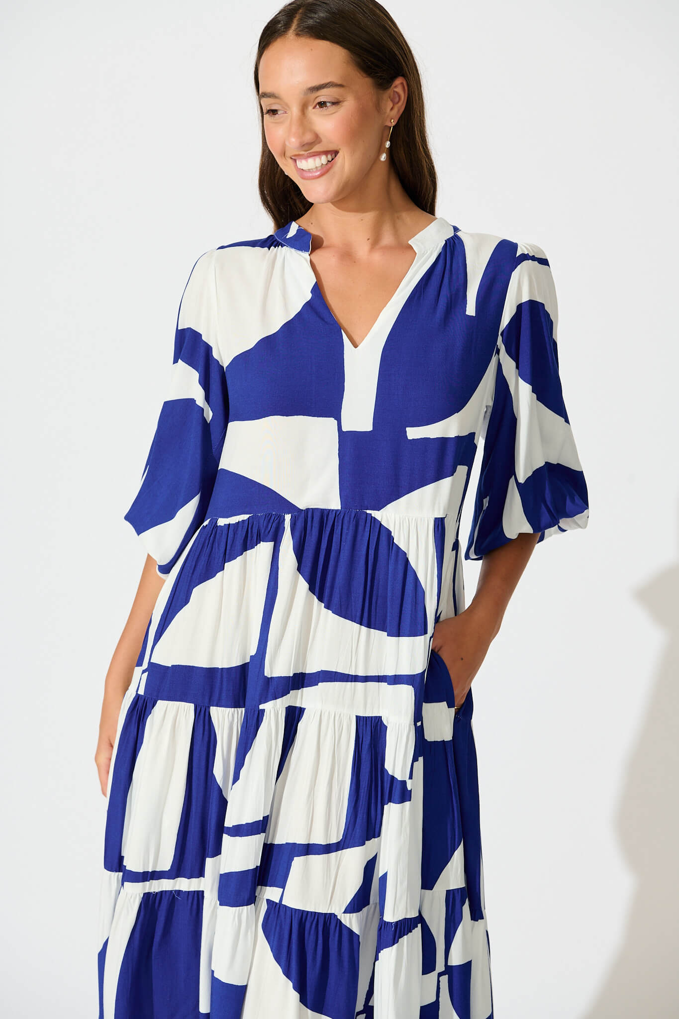 Kehlana Tiered Smock Dress In Navy Geo Print