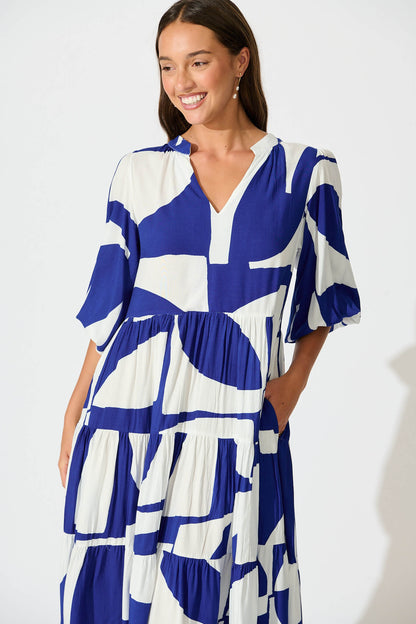 Kehlana Tiered Smock Dress In Navy Geo Print