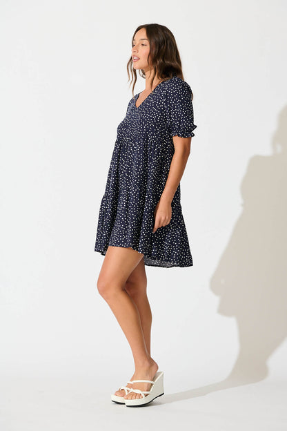 Neveen Smock Dress in Navy with White Spots