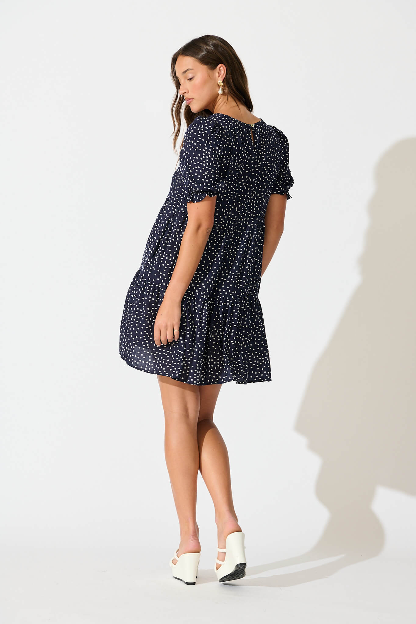 Neveen Smock Dress in Navy with White Spots