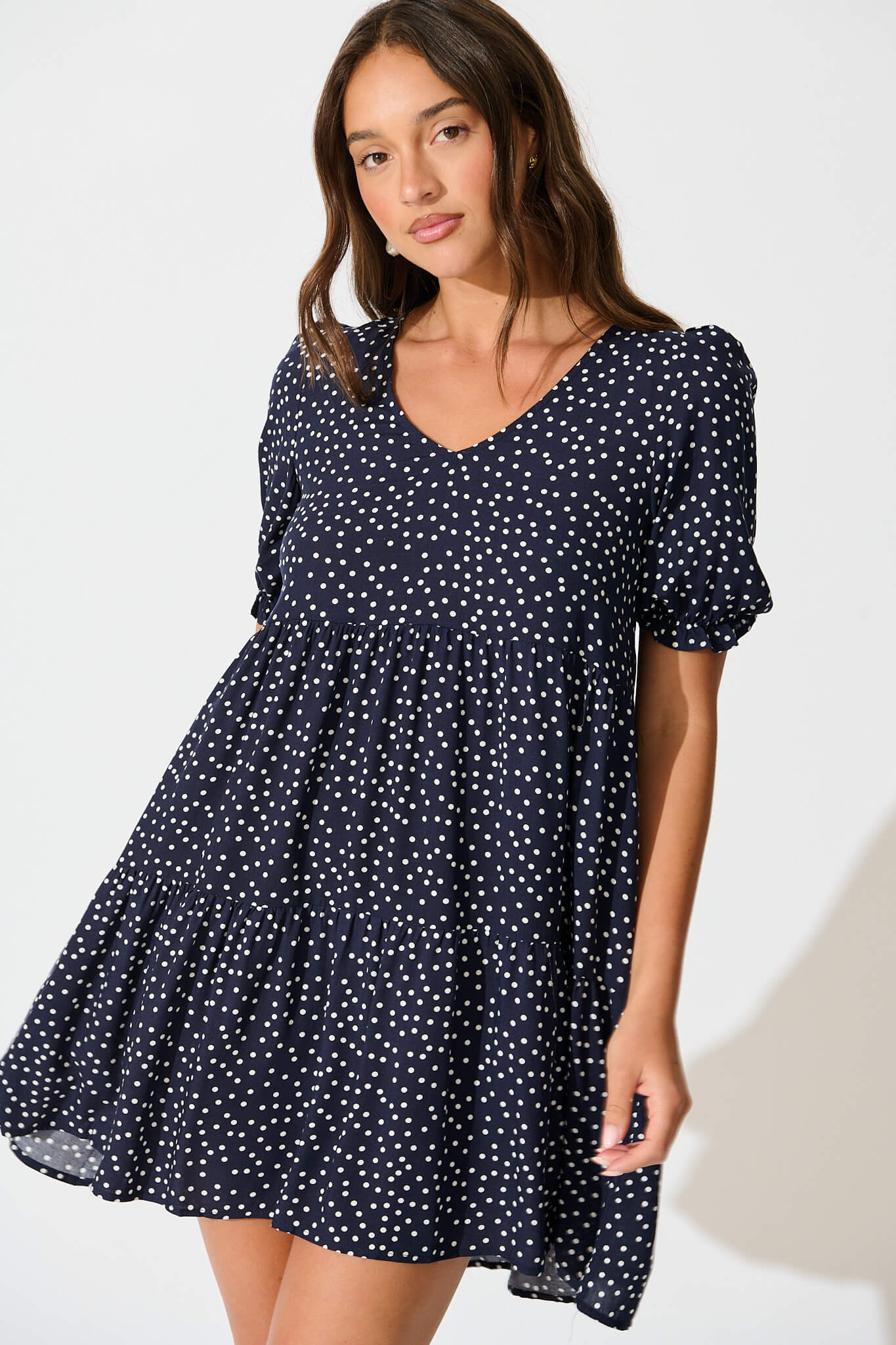 Neveen Smock Dress in Navy with White Spots