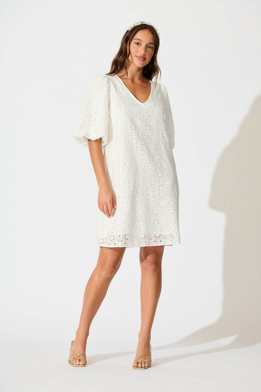 Ashlynn Dress in White Broderie Cotton