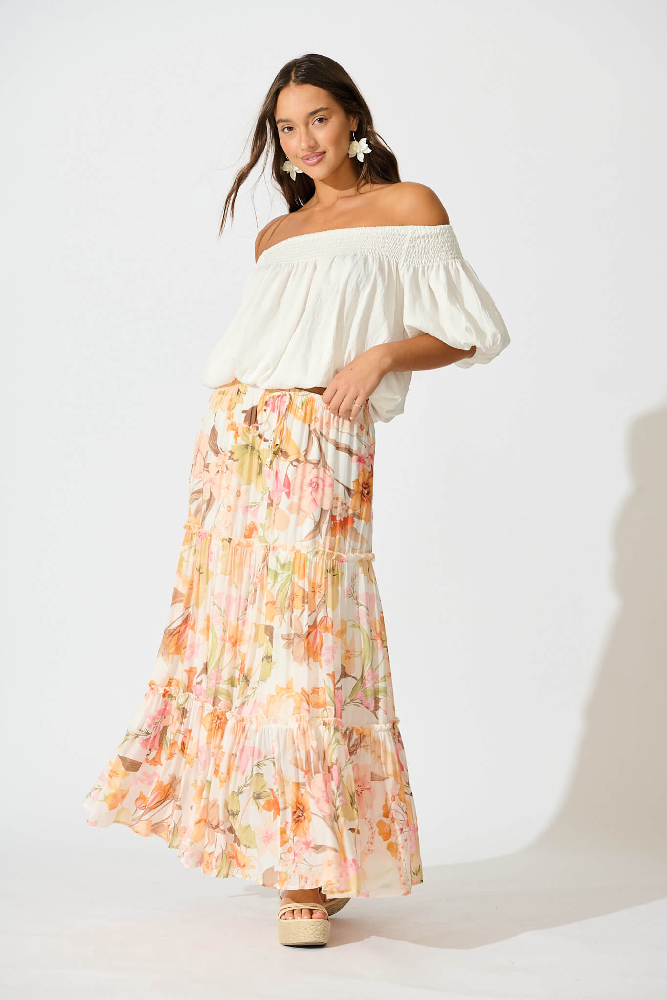 Solena Maxi Skirt in White with Multi Tangerine Floral