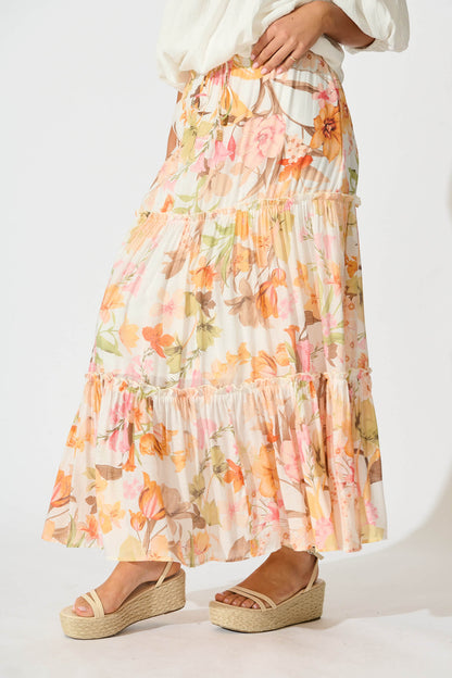 Solena Maxi Skirt in White with Multi Tangerine Floral