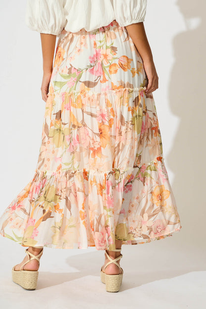 Solena Maxi Skirt in White with Multi Tangerine Floral