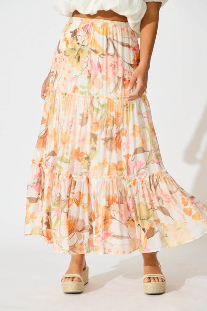 Solena Maxi Skirt in White with Multi Tangerine Floral