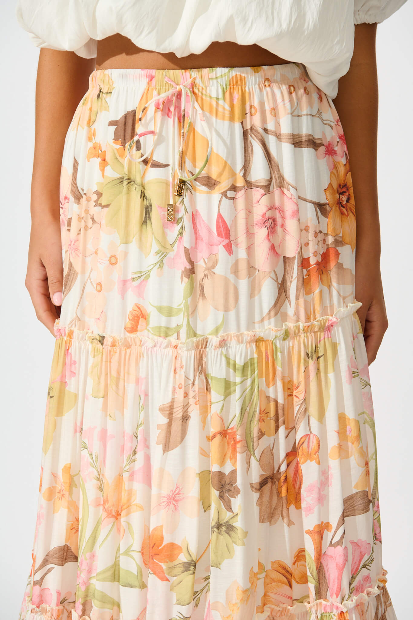 Solena Maxi Skirt in White with Multi Tangerine Floral