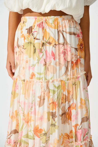 Solena Maxi Skirt in White with Multi Tangerine Floral