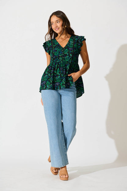 Maila Top In Emerald with Green and Blue Floral