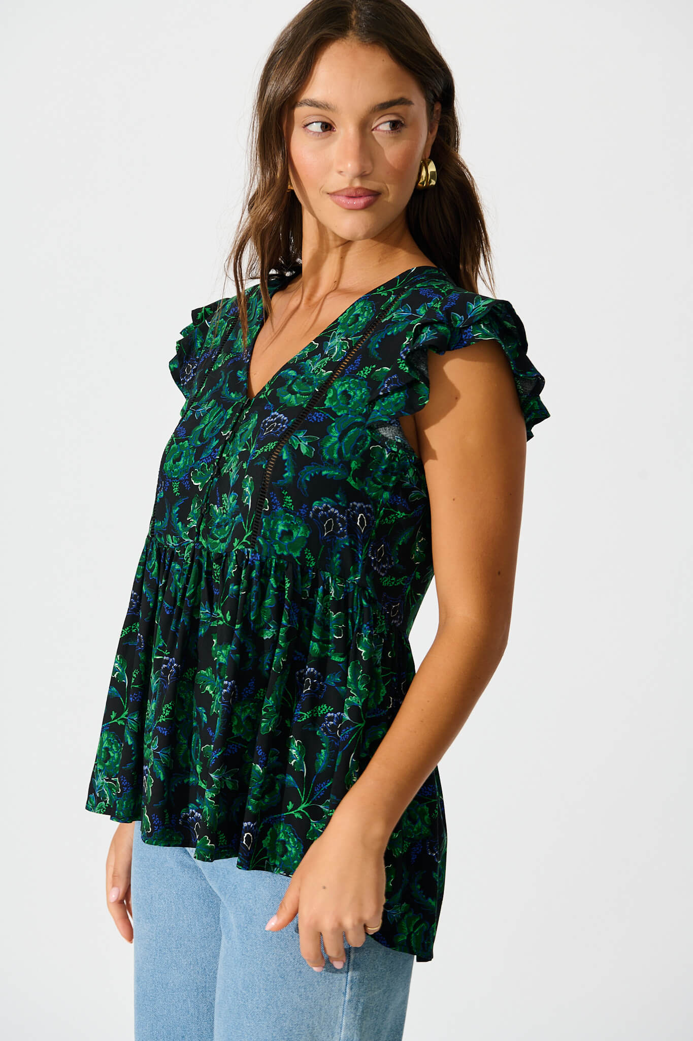 Maila Top In Emerald with Green and Blue Floral