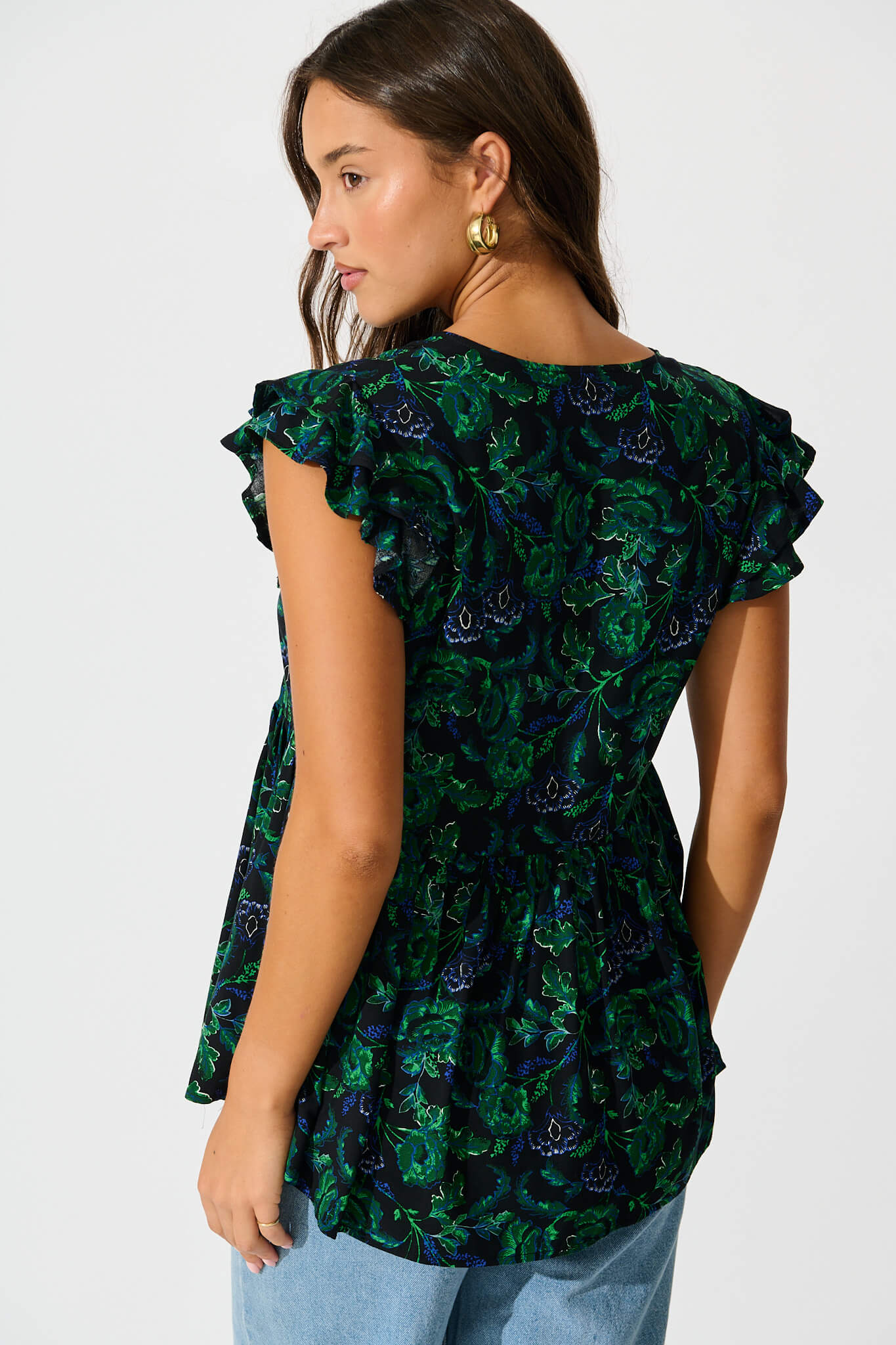 Maila Top In Emerald with Green and Blue Floral