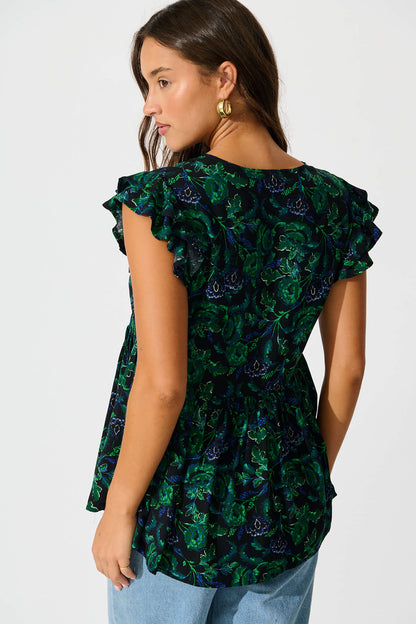 Maila Top In Emerald with Green and Blue Floral