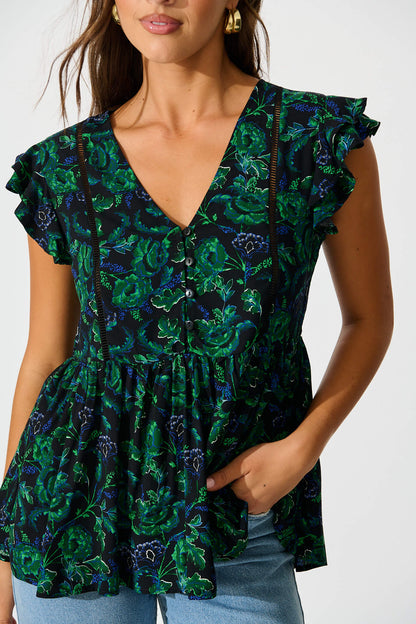 Maila Top In Emerald with Green and Blue Floral