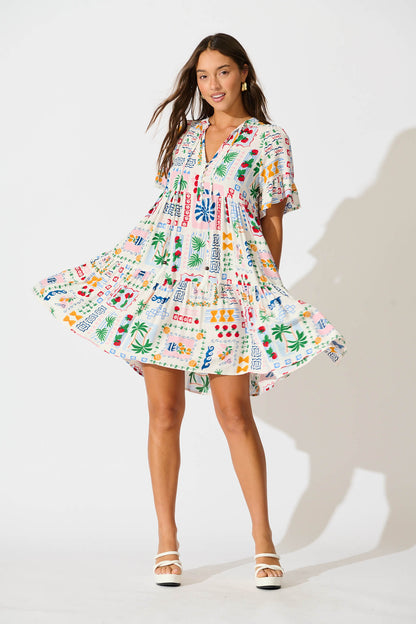 Northcote Smock Dress In White Multi Print