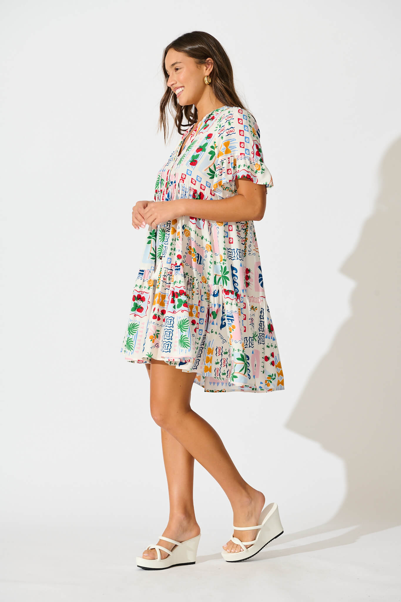 Northcote Smock Dress In White Multi Print