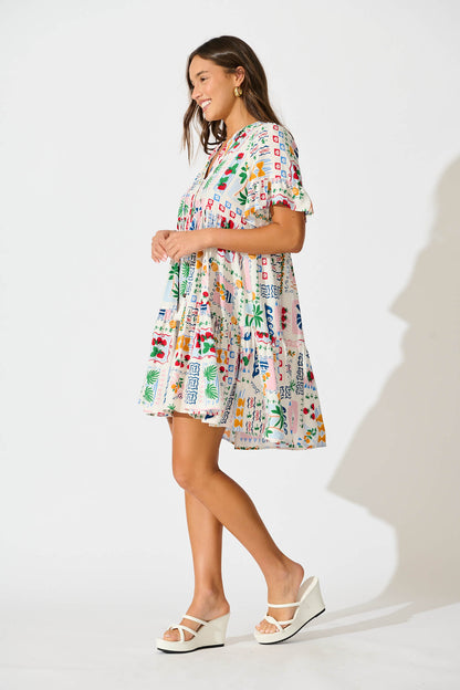 Northcote Smock Dress In White Multi Print