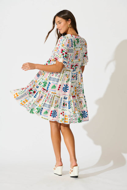 Northcote Smock Dress In White Multi Print
