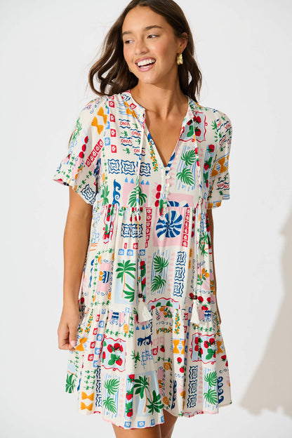 Northcote Smock Dress In White Multi Print
