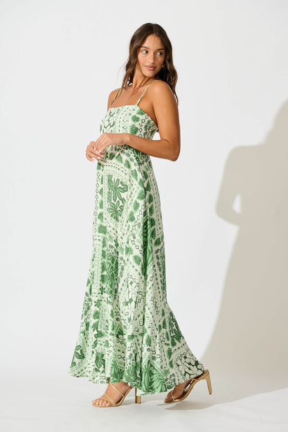 Camryn Maxi Sundress In Cream and Green Tile Print