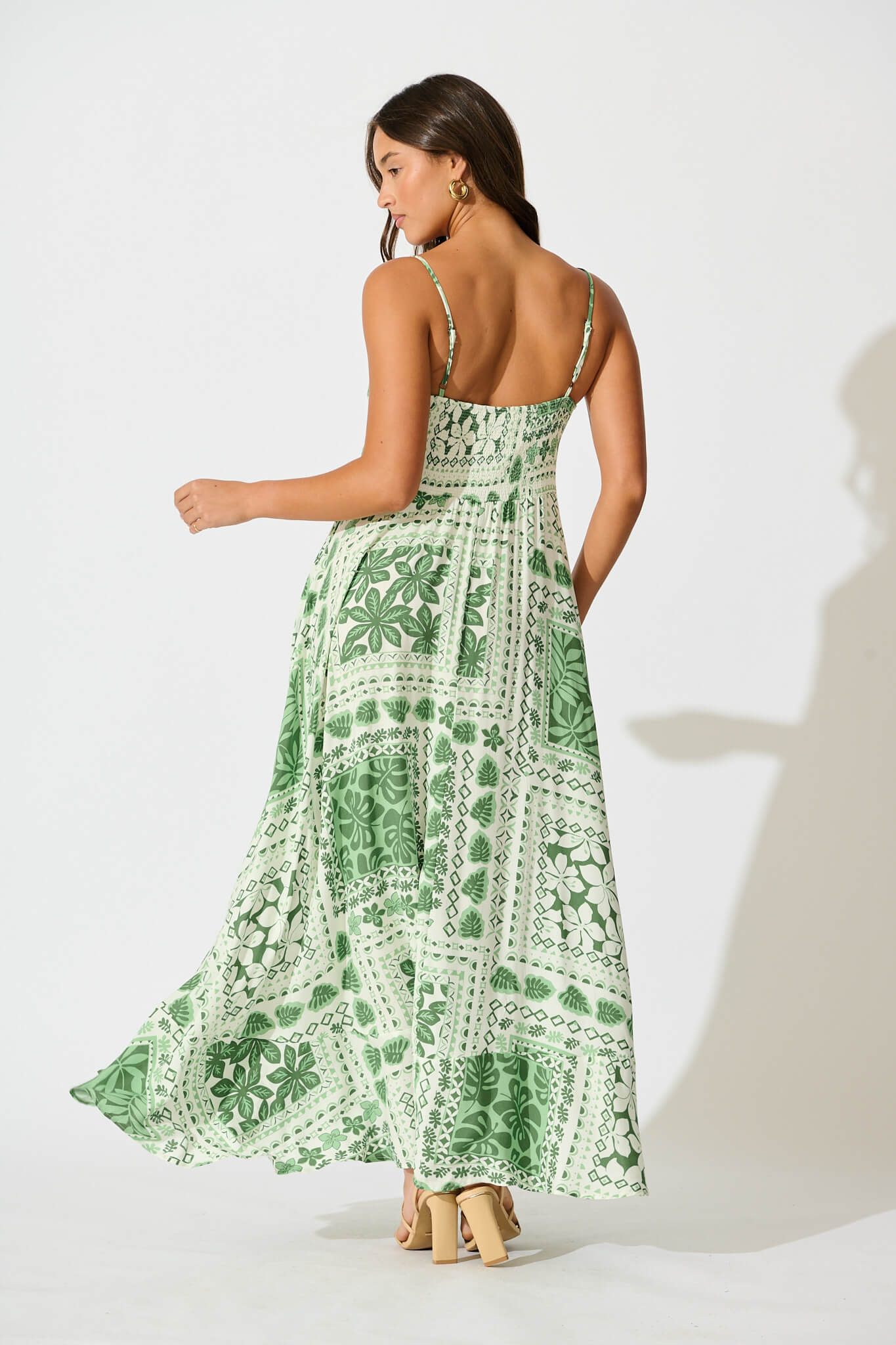 Camryn Maxi Sundress In Cream and Green Tile Print