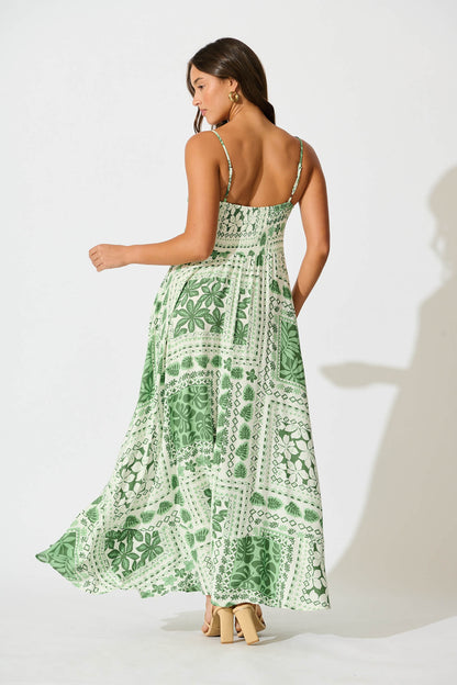 Camryn Maxi Sundress In Cream and Green Tile Print