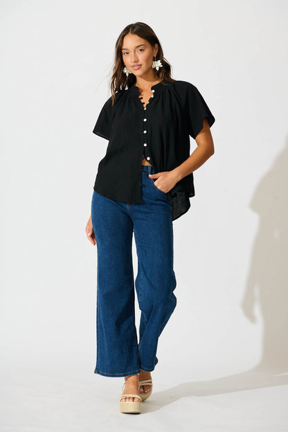 Lombard Top in Black Cotton Linen