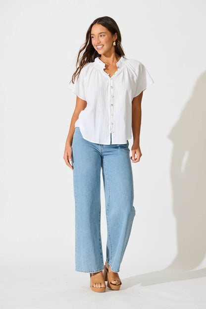 Lombard Top in White Cotton Linen